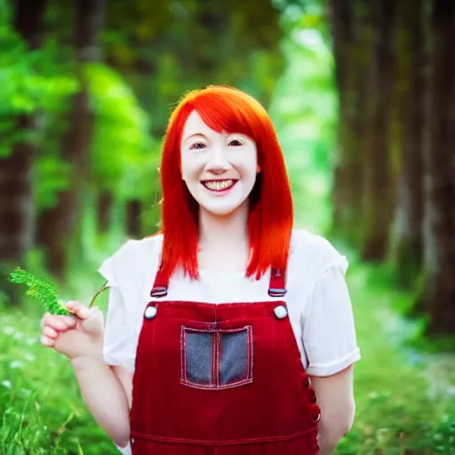 Prompt: A red haired woman dressed in overalls smiling at the camera in the style of Studio Ghibli