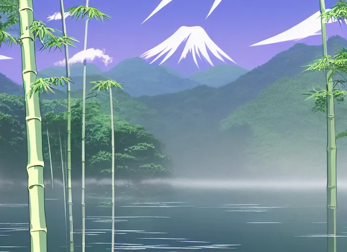 Prompt: misty japanese bamboo forest, lake foreground, large distant mountain, waterfall!!!!!, sunny, cartoony, stylized anime, sun rays, soft, moody lighting, by hayao miyazaki, ghibli studio, makoto shinkai, toei animation, studio trigger, trending on artstation, 4 k, hd