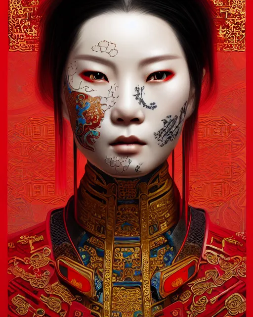 Image similar to portrait of a chinese cyberpunk machine, machine face, upper half portrait, decorated with chinese opera motifs, regal, asian, fine china, wuxia, traditional chinese art intricate intense elegant 京 剧 highly detailed digital painting artstation concept art smooth sharp focus illustration, art by artgerm and greg rutkowski alphonse mucha 8 k