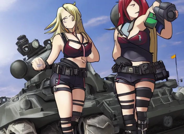 Image similar to female tank crew posing triumphantly next to their tank, anime, trending on pixiv