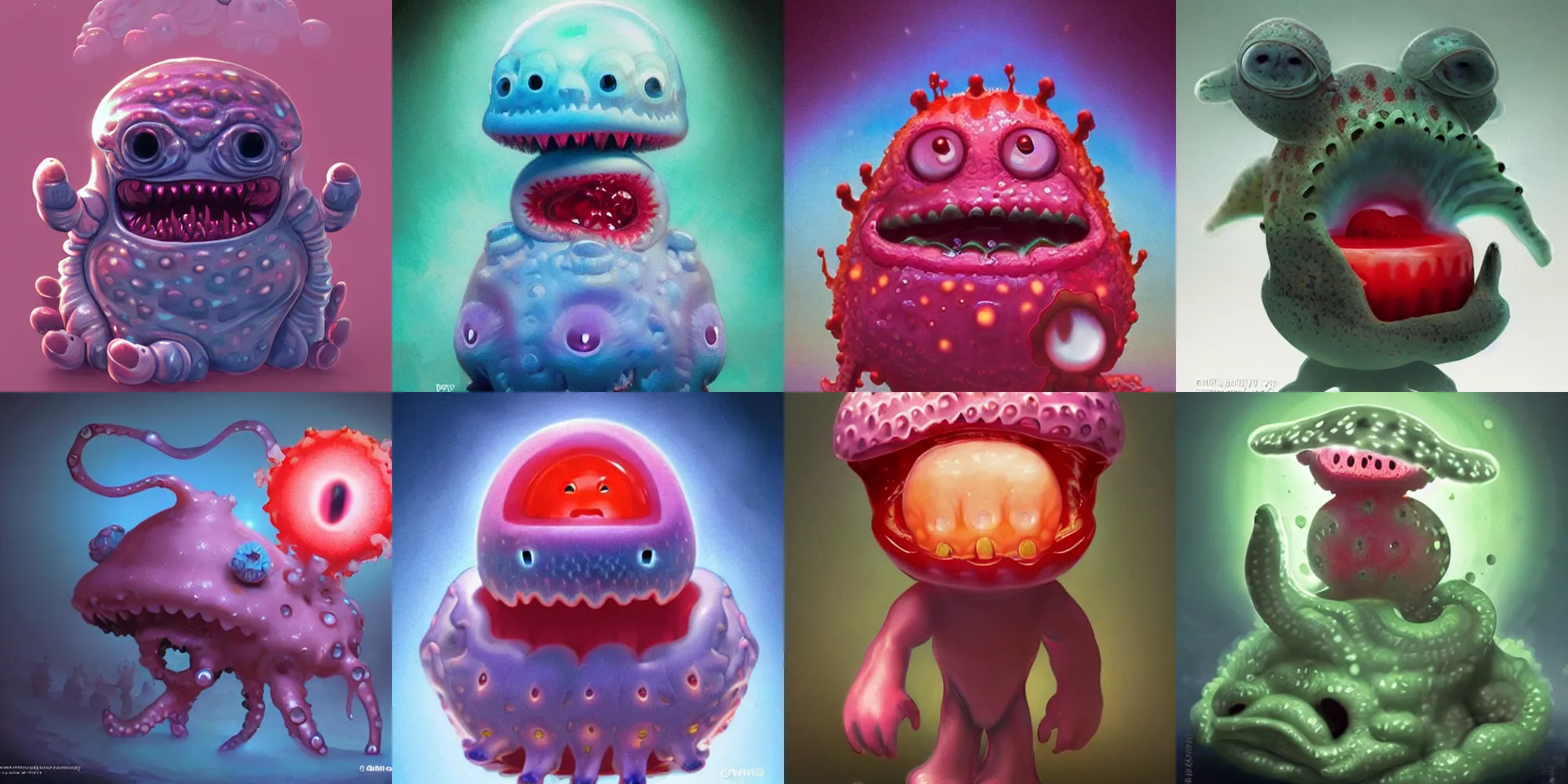 Prompt: cute! awwh! baby lava lamp strawberry jelly fish, SSS, wrinkles, grin, rimlight, dancing, fighting, bioluminescent screaming pictoplasma characterdesign toydesign toy monster creature, artstation, cg society, by greg rutkowski, by William-Adolphe Bouguereau, by zdzisław beksiński, by Peter mohrbacher, ultra sharp, focus, 8k