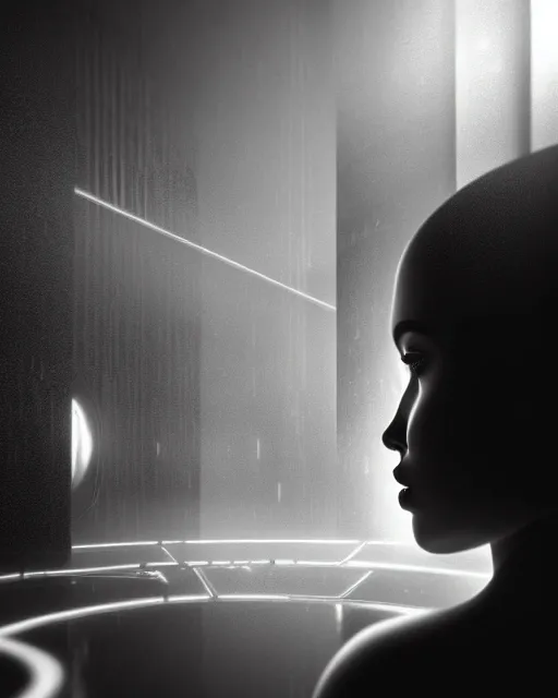 Image similar to black and white high quality photo of a beautiful futuristic female posthuman-cyborg looking into a sci-fi mirror, volumetric lighting, liminal space, brutalism, foggy, dreamy, hyperdetailed, bokeh, photorealistic, cinematic, masterpiece, Metropolis, elegant, dark, octane render, 8K, in the style of Dora Maar and Man Ray