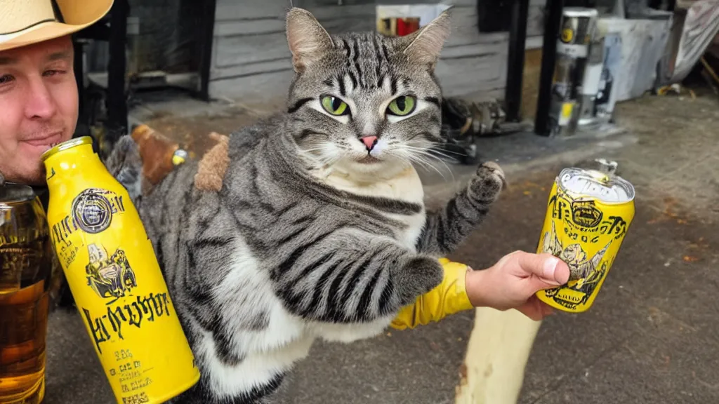 Image similar to A cat wearing a yellow raincoat and a cowboy hat, stealing a six-pack of beer