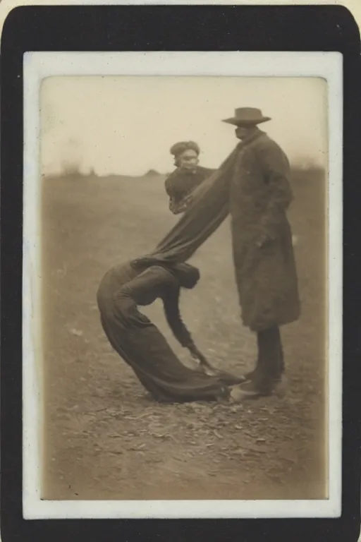 Prompt: man falling apart while a woman tries to hold the fallen parts, 1 9 1 0 polaroid photo