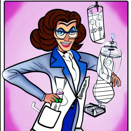 Prompt: drag queen scientist, chemistry, lab coat, in the style of coloring book, black and white, cartoon disney, marvel