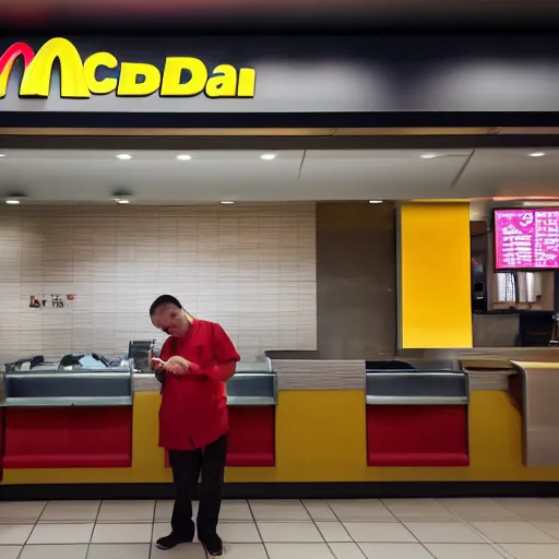 Image similar to Budai working at McDonalds, photography, 8K