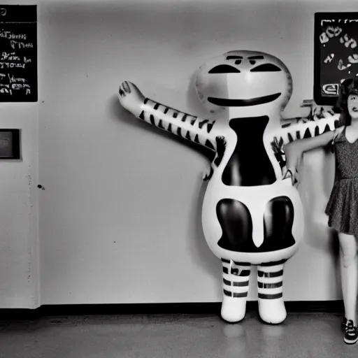 Prompt: 1978 teenage girl holds hands with smiley inflatable boyfriend at high school, color John Waters film, in school hallway, dirty walls, archival footage, technicolor film, 16mm, live action, Fellini, campy