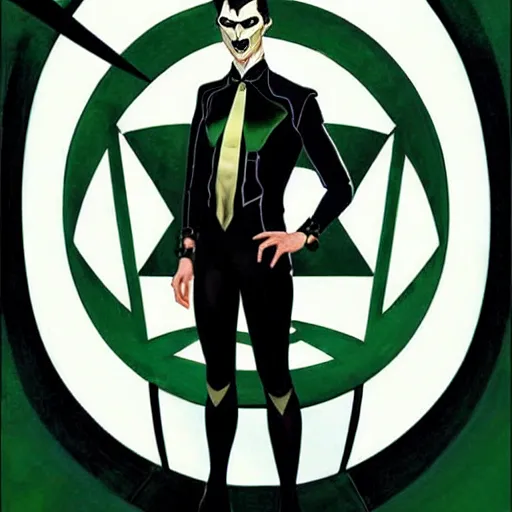 Image similar to Adam Hughes comic art, wide shot, handsome elegant male Nikola Tesla, futuristic spy, kabuki mask, beautiful evil sneer, symmetrical face, symmetrical eyes, leather clothing and boots, long straight green black hair, full body, Indigo occult pattern