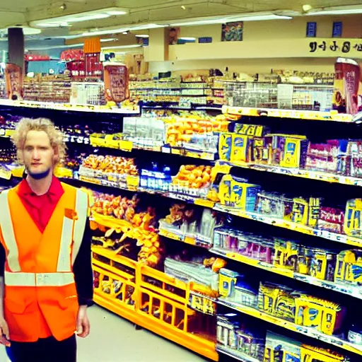 Prompt: layne staley working as a grocery store cart attendant and wearing an orange hivis vest