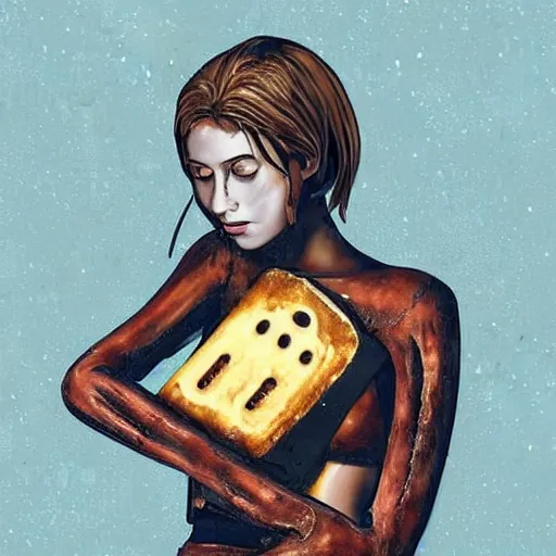 Image similar to a rusting female android holds a broken toaster in her arms