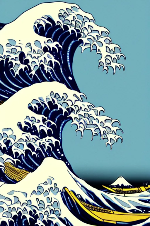 Prompt: Patrick Nagel and Shepard Fairey poster illustration of The Great Wave off Kanagawa, highly detailed, digital painting, artstation, concept art, smooth, sharp focus, illustration