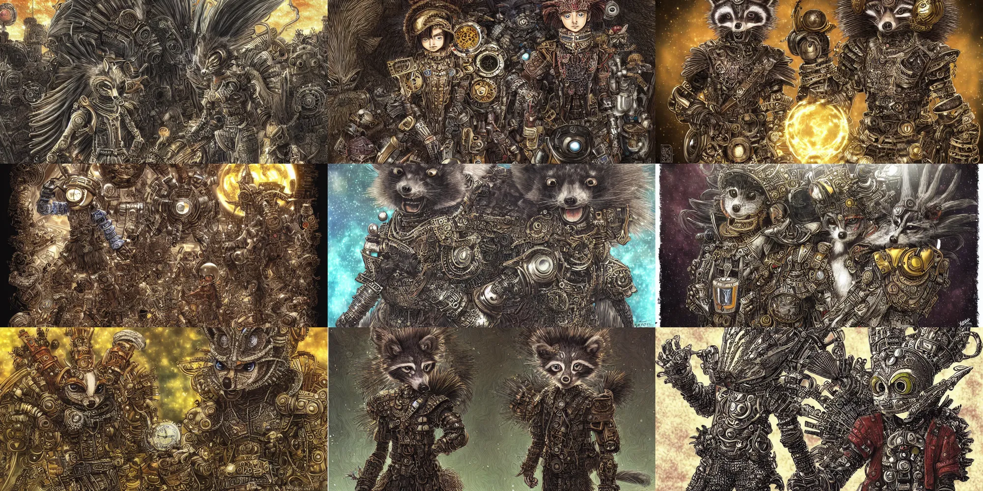 Prompt: a very detailed digital art of a fashionable aztec racoon extraterrestrial wearing ornate dieselpunk clockwork armor by yoshitaka amano and kentaro miura, stranger things, mac and cheese, eraserhead, 8 k