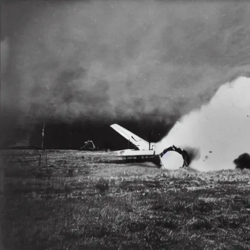 Prompt: highly detailed photograph of a plane being shot out of the sky in ww2, exploding violently, fuselage splitting apart from the impact, historic archive, cinematic