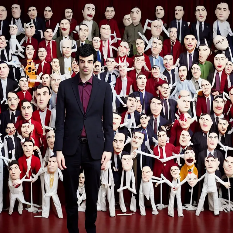 Prompt: focused dslr medium shot photograph of nathan fielder standing in front of dozens of nathan fielder puppets on strings from nathan for you on comedy central on a stage with a red curtain, meta, fractal, trippy, high detail!!! 8 k!!!!, photorealism!!!, sharp focus!!! coherent!!!