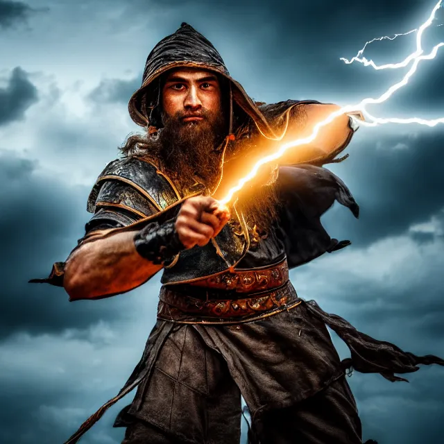 Image similar to photo of a sorcerer warrior with lightning powers, highly detailed, 4 k, hdr, smooth, sharp focus, high resolution, award - winning photo