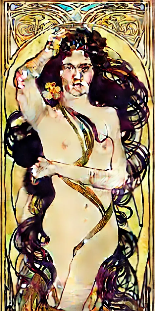 Prompt: the source of future growth dramatic, elaborate emotive Art Nouveau styles to emphasise beauty as a transcendental, seamless pattern, symmetrical, large motifs, hyper realistic, 8k image, 3D, supersharp, Flowing shiny rainbow silk cloth, Art nouveau curves and swirls, beautiful Adele by Alphonse Mucha, glossy iridescent and black and lustrous gold colors , perfect symmetry, iridescent, High Definition, sci-fi, Octane render in Maya and Houdini, light, shadows, reflections, photorealistic, masterpiece, smooth gradients, no blur, sharp focus, photorealistic, insanely detailed and intricate, cinematic lighting, Octane render, epic scene, 8K