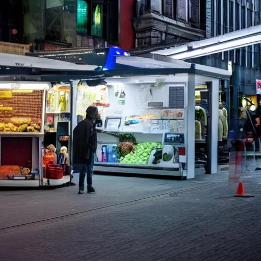 Prompt: a photo of a futuristic market stall at a street corner from the film'minority report'taken from a distance, dslr