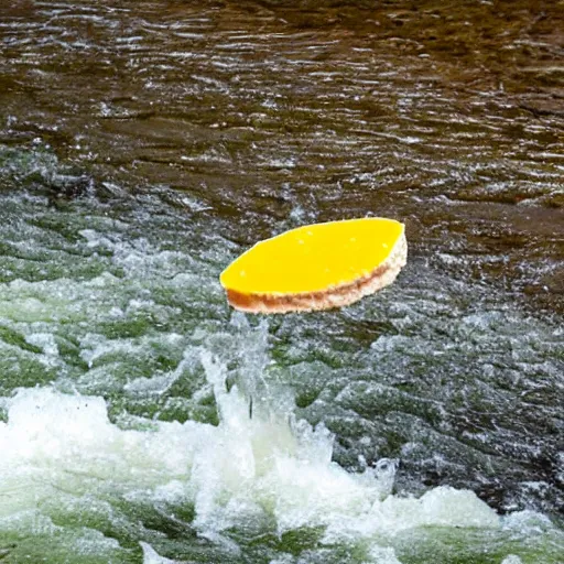 Prompt: cheese slice floating down the river