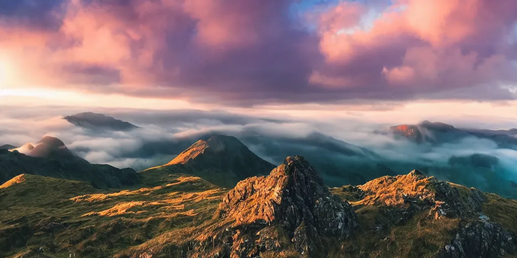 Image similar to Crib Goch!!!!!!!!!!! ridge, rays, epic, cinematic, photograph, atmospheric, dawn, golden hour, sunrise, purple golden blue sky clouds, lake, arthouse cinema, Sofia Coppola, soft focus