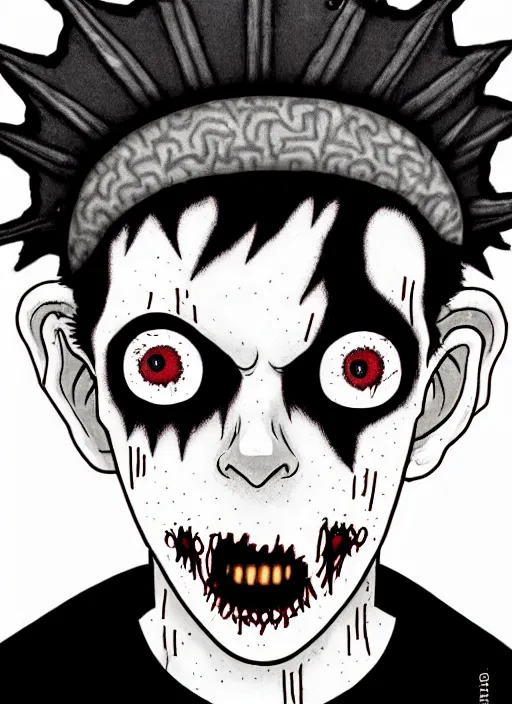 Prompt: junji ito style portrait of zombie teenage jughead jones wearing a light grey crown, zombie, crown, rotting skin, blind eyes, white eyes, crown, black hair, intricate, highly detailed, illustration, art by junji ito