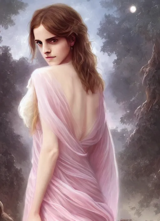 Prompt: emma watson as nature magic celestial, long hair, soft pink and white cloth, transparent cloth, space, D&D, shiny background, intricate, elegant, highly detailed, digital painting, artstation, concept art, smooth, sharp focus, illustration, artgerm, bouguereau