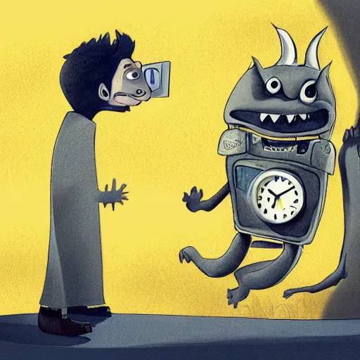 Prompt: a detailed illustration of a monster shaped like an alarm clock snarling while a man cowers at its feet. concept art painting. trending. award-winning illustrator