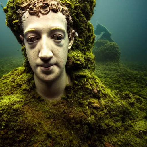 Image similar to Award-winning photograph by Mar Mann. The photo depicts a decaying roman bust of Mark Zuckerberg overgrown with moss at the bottom of the sea in the middle of ruins of civilization. Minimalism, high definition, perfect composition. Deep sea picture. Very dark. Volumetric Lighting. Fish. Darkness. Ruins