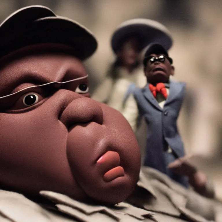 Image similar to a cinematic film still of a claymation stop motion film starring biggie smalls, portrait, shallow depth of field, 8 0 mm, f 1. 8