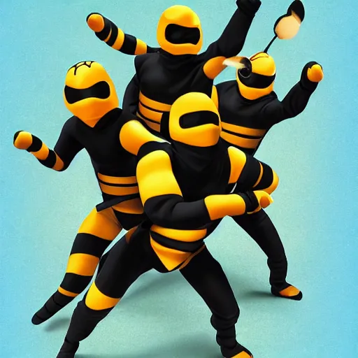 Prompt: a team of bee ninjas, hyperrealistic, digital art, 4 k