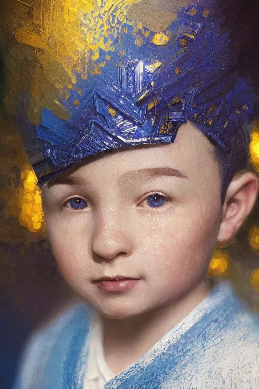 Image similar to little boy, close - up portrait, the portrait is decorated with blue and gold art deco patterns, powerfull, intricate, elegant, volumetric lighting, scenery, digital painting, highly detailed, artstation, sharp focus, illustration, concept art, ruan jia, steve mccurry