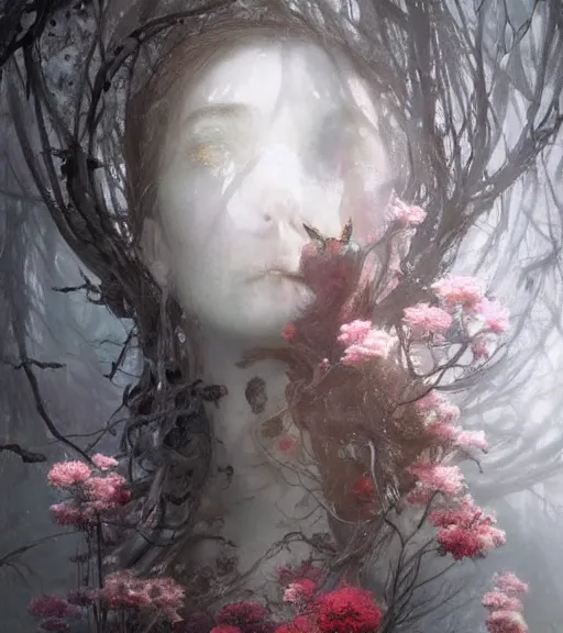 Prompt: a beautiful terrifying but angel host spirit sad female portrait black eyes twisted trees, crying tears, butterfly, blooming made of flowers. ethereal horror fantasy art by greg rutkowski and raymond swanland and monet, ruan jia, by wlop,