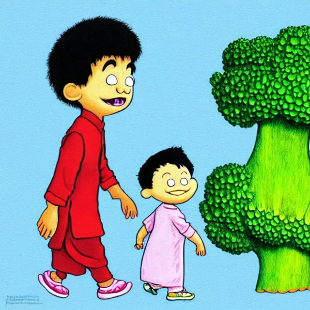 Prompt: professional kids book illustration of a Pakistani toddler boy walking beside a friendly anthropomorphic broccoli, best on artstation,, astonishing, impressive, outstanding, cheerful, stunning, masterpiece by Maurice Sendak and Bill Peet.