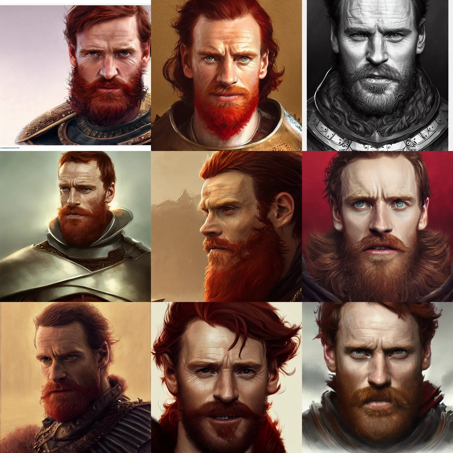 Prompt: king richard the lionheart, michael fassbender, reddish hair, reddish beard, norman tabard, portrait, highly detailed, digital painting, trending on artstation, concept art, sharp focus, illustration, art by artgerm and greg rutkowski and magali villeneuve