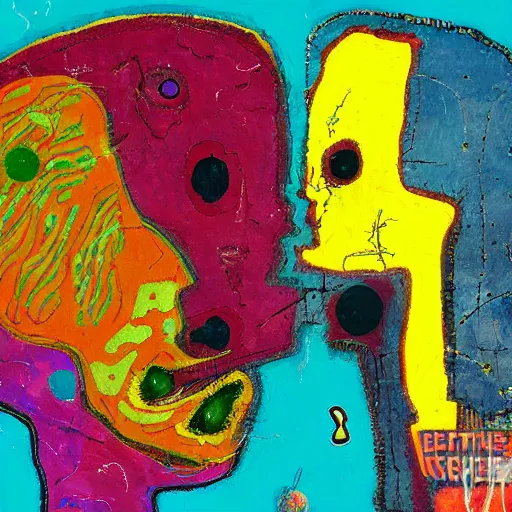 Image similar to abstract painting of two bizarre psychedelic women kissing each other closeup on an alien planet, speculative evolution, mixed media collage by basquiat and junji ito, magazine collage art