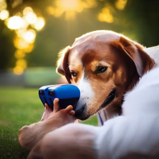 Prompt: a dog using a playstation, professional photography