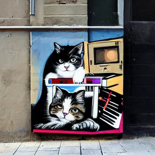 Image similar to Street-art painting of cats on synthesizer in space, style of Banksy, photorealism