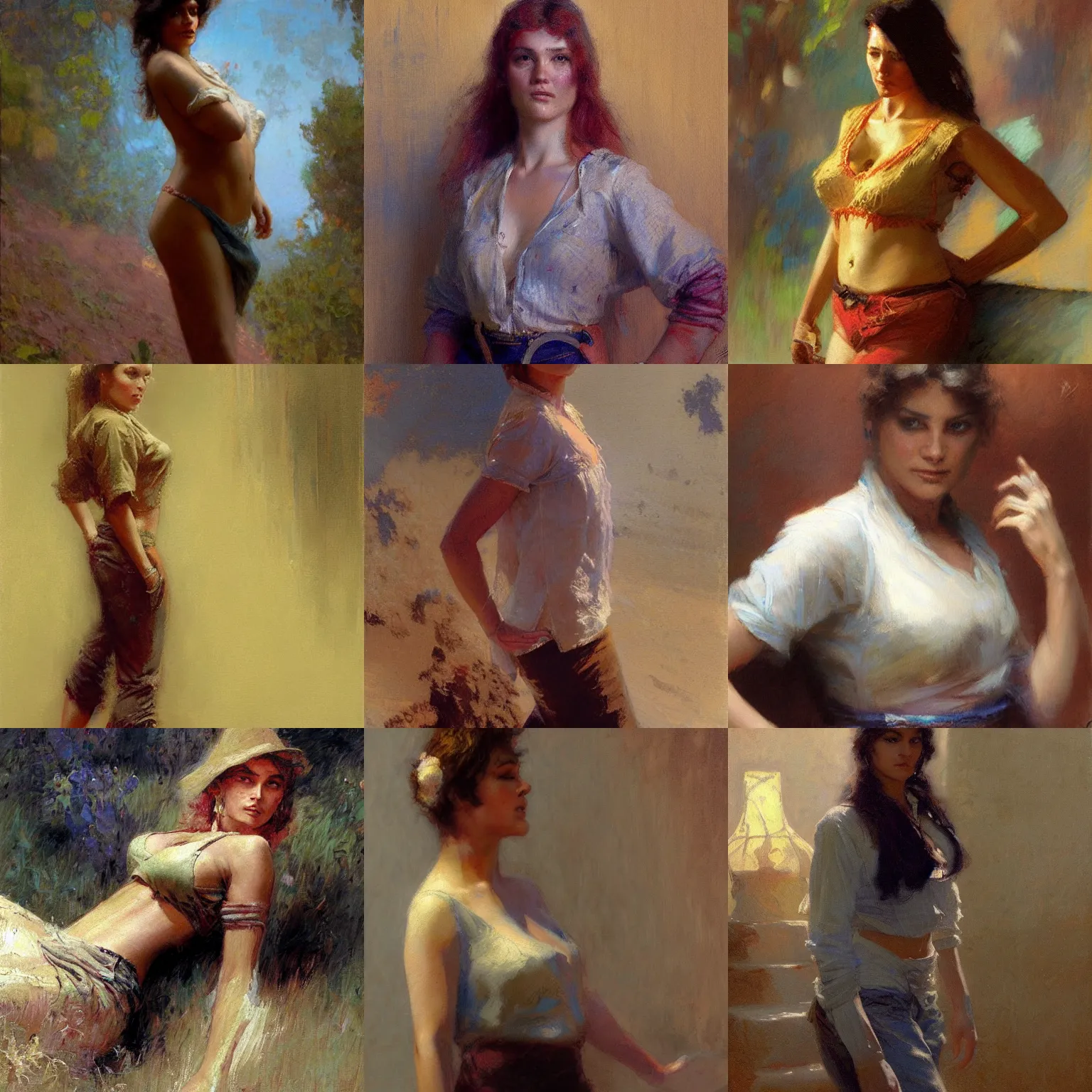 Prompt: a woman in a shirt with a normal body type, painting by Gaston Bussiere, Craig Mullins