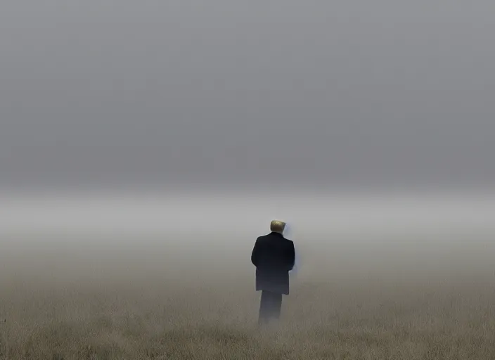 Image similar to screenshot from moody scene of Donald Trump in a foggy field entering the zone, scene from the film Stalker 1979 film directed by andrei tarkovsky, kodak film stock, anamorphic lens, 4K, film grain, detailed, stunning cinematography