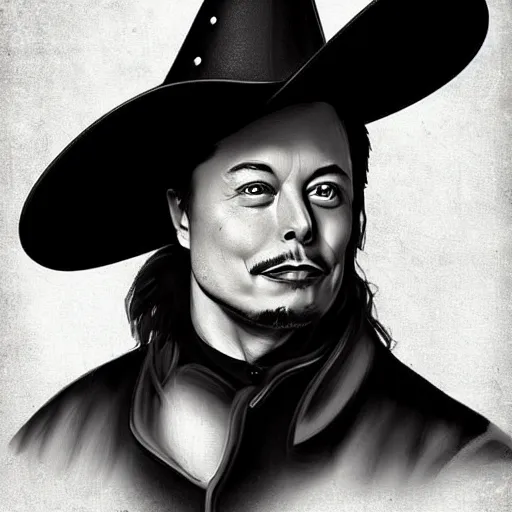 Image similar to elon musk as a musketeer, he has a big black hat and holds a shiny sword, digital art