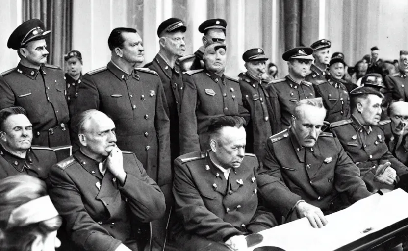 Image similar to 50s movie still of very diverse soviet generals head with very detailed faces in a stalinist parlement, by Alexei Guerman, Cinestill 800t 35mm black and white, heavy grainy picture, very detailed, high quality, 4k, HD criterion, precise texture, diverse faces, diverse haircuts, diverse ages, precise faces