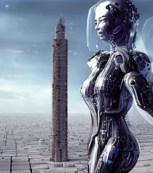 Prompt: tarkovsky's greatest scene, the ancient destroyed majestic tower of babylon, woman in gantz suit pro, futuristic cyber clothing, transparent puffer jacket, hyperrealistic, blockchain, cyber world, ambient lighting, concept art, intricate suit, hyper detailed, smooth, dynamic volumetric lighting, octane, ray trace, cinematic, high quality, cgsociety