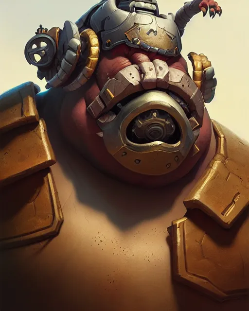 Image similar to roadhog from overwatch, character portrait, portrait, close up, concept art, intricate details, highly detailed by greg rutkowski, michael whelan and gustave dore