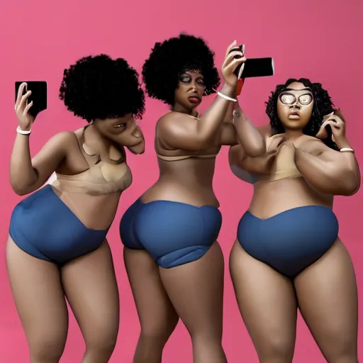 Prompt: photorealistic, stunning, coherent, 3d, still of a group of black bbw models twerking and some taking a pictures of each other while posing in the same bed , they are all laying down, one of them is on the phone with her boyfriend , 3d, in the style of pixar, smooth, 3d, highly detailed, highly detailed, sharp focus, bokeh, depth of field, 16k resolution, Unreal Engine 5, coherent, cinematic lighting, photorealistic