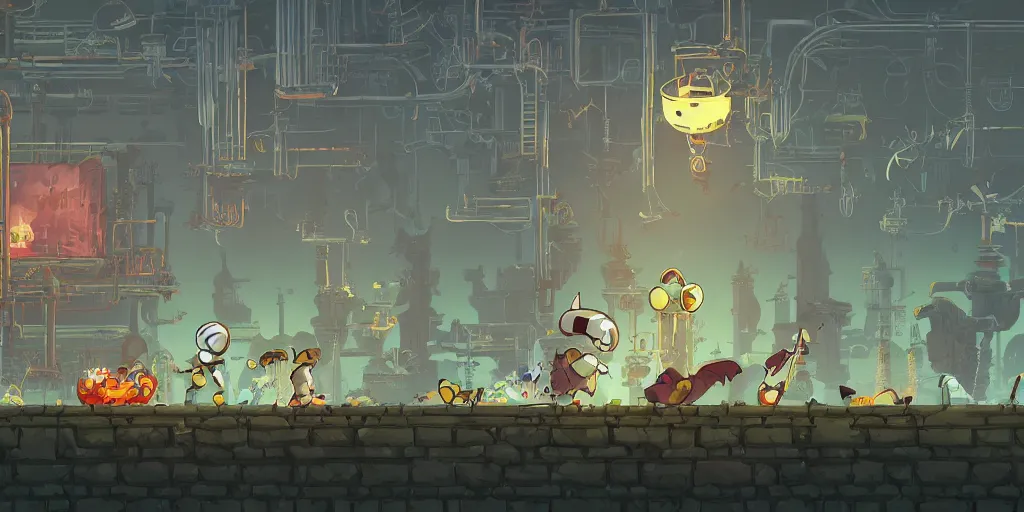 Image similar to Scenario without characters, empty scenario, art by Tomba, ori and the blind, Dead cells ,Hollow knight ,wonder boy , Megaman, Blasphemous , Portraiting a platform game showing an old industry, inside iron and machines, side scrolling, Rule of Thirds, 4K, Retrofuturism, Studio Ghibli, Simon Stålenhag