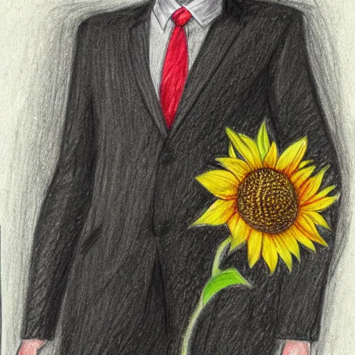 Image similar to full body shot of a man with a sunflower instead of a head wearing a business suit, color pencil sketch