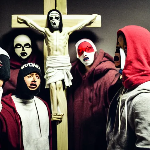 Image similar to five rappers in balaclavas, hoodies, and domino masks stand close together in chiaroscuro lighting. one of them is crucified on a brightly lit cross. blurry photo. bloody red logo on top