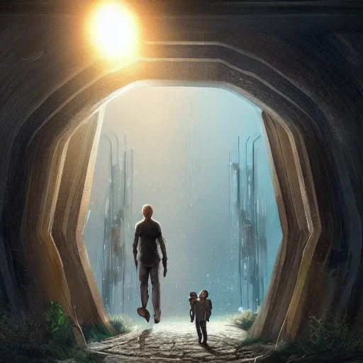 Image similar to a man walking into the portal, concept art, illustration, highly detailed, artwork, cinematic, hyper realistic, art station,