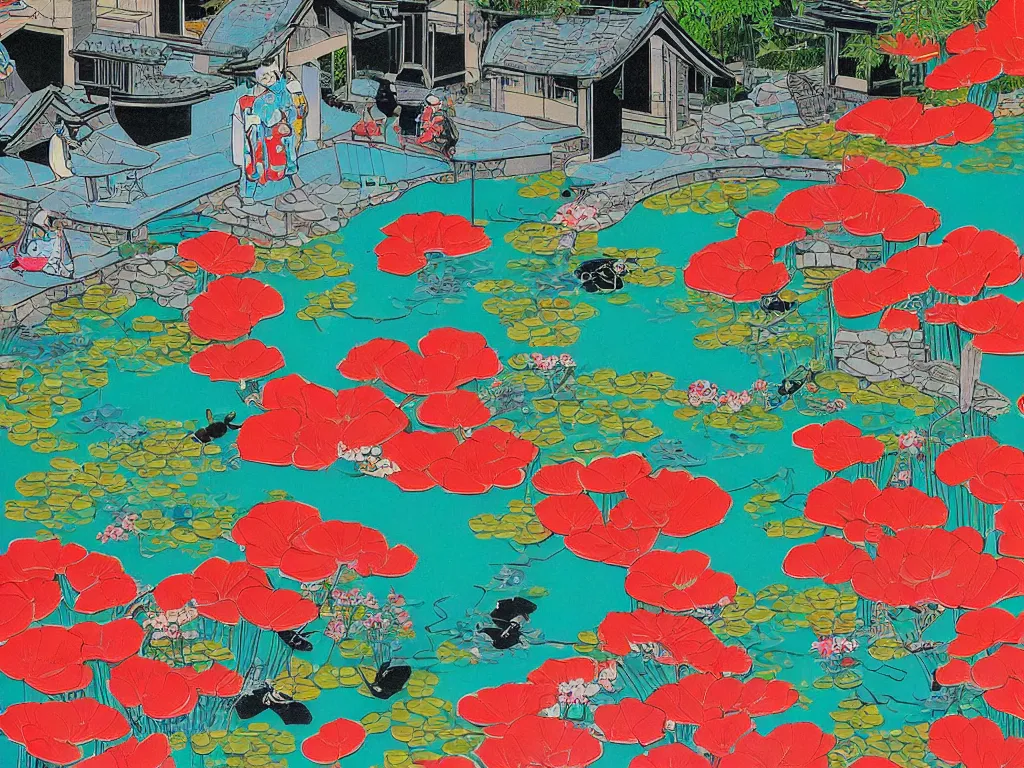 Prompt: close - up traditional japanese home with a garden, a pond in the garden, startroopers are sitting around the pond, a combination of pop - art and traditional japanese painting styles, the style of andy warhol and jackie tsai, bright palette, acrylic on canvas