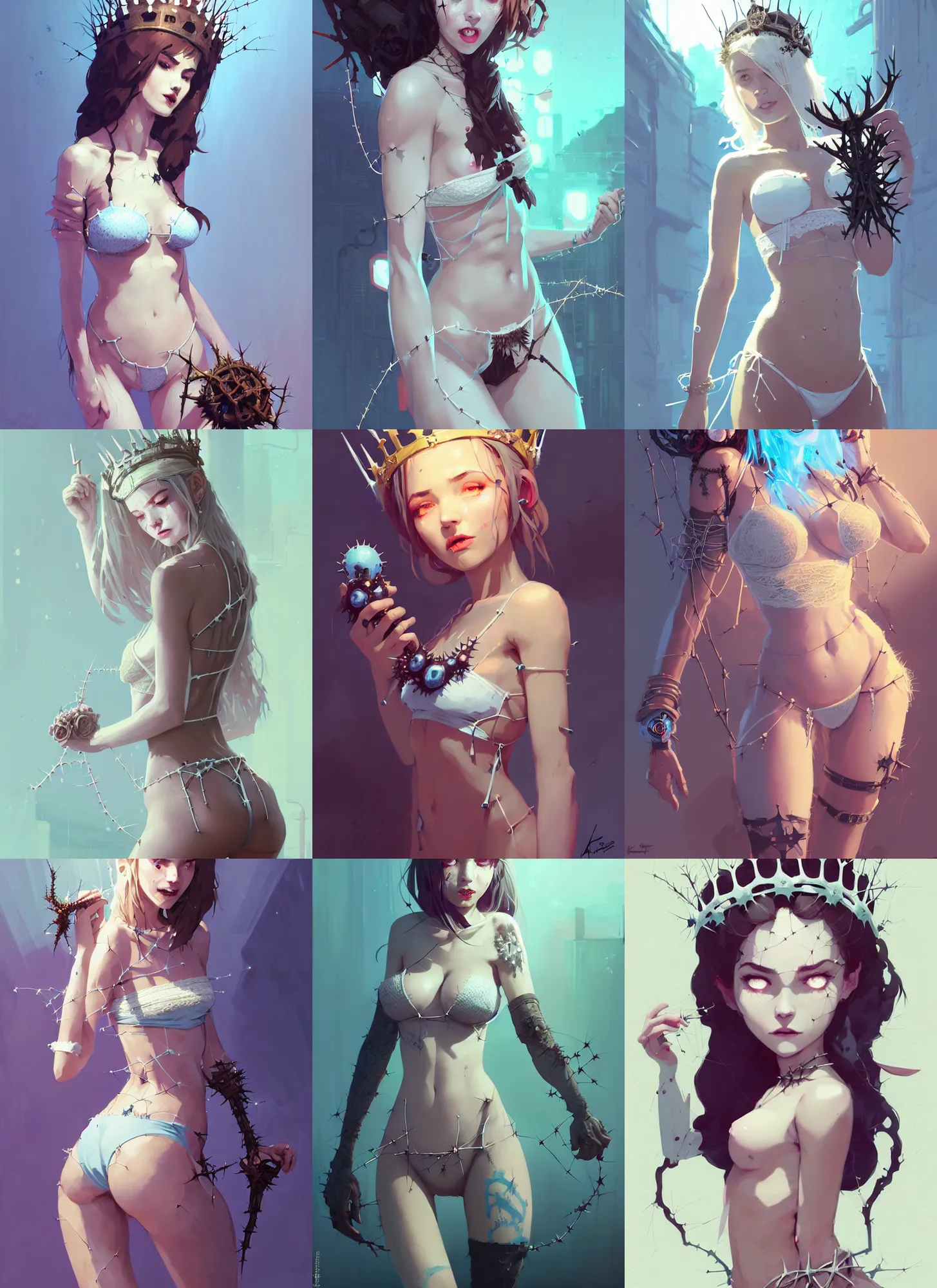 Prompt: portrait of cute alluring maiden girl with crown of thorns and white short hairs, dressed in lace bikini, warhammer, cyberpunk, by atey ghailan, by greg rutkowski, by greg tocchini, by james gilleard, by joe gb fenton, by kaethe butcher, dynamic lighting, gradient light blue, brown, blonde cream and white color in scheme, grunge aesthetic