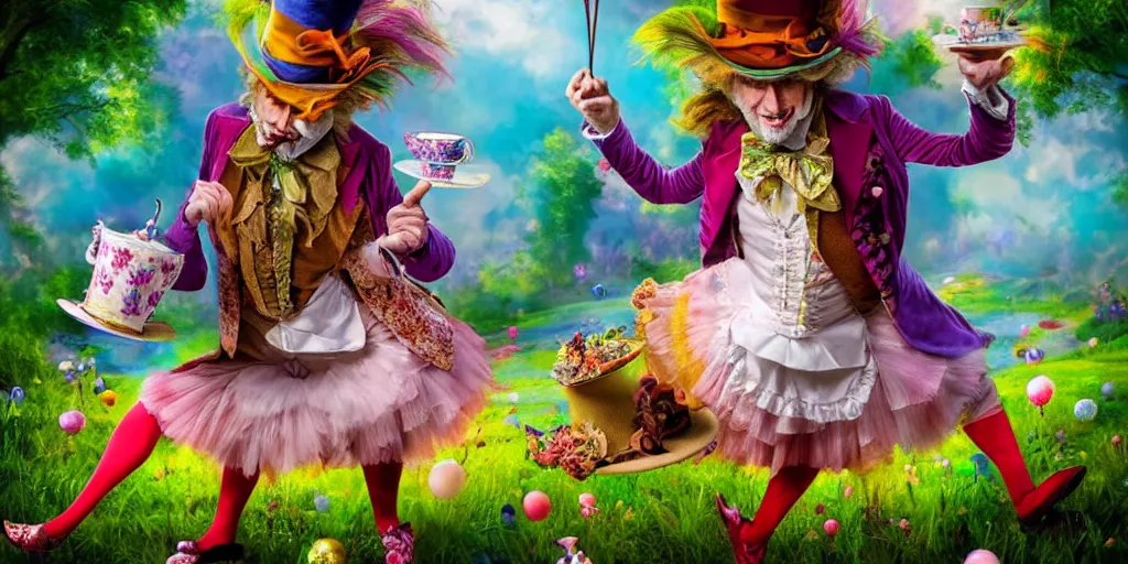 Image similar to The Mad Hatter teaparty, Alice in wonderland, colorful, wide angle, super highly detailed, professional digital painting, artstation, concept art, smooth, sharp focus, no blur, no dof, extreme illustration, Unreal Engine 5, Photorealism, HD quality, 8k resolution, cinema 4d, 3D, beautiful, cinematic, art by artgerm and greg rutkowski and alphonse mucha and loish and WLOP